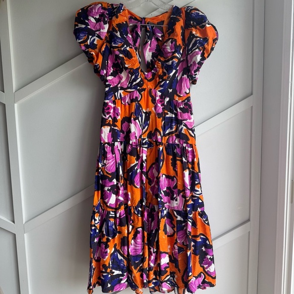 By Anthropologie Puff Sleeve Midi Floral Orange and Purple Dress size S - Picture 5 of 11